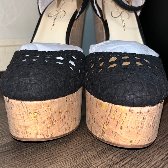 JESSICA SIMPSON Womens Black 2 Cork Wedge Woven Cut Out Marshela Round Toe sz 9 - Picture 5 of 14